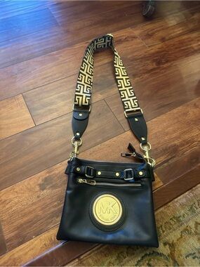 Michael Kors Black Leather Messenger Bag with Gold Accents and extra strap